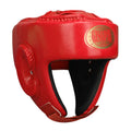 Fully enclosed boxing helmet with jaw protection in red colour, showing vertical ventilation channels