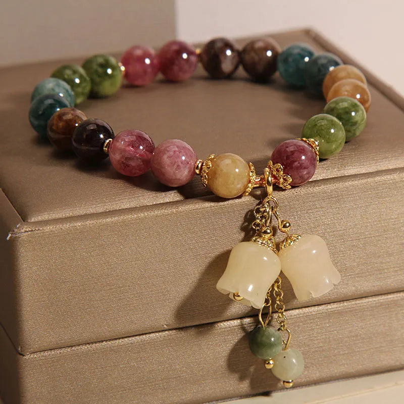 Colour tourmaline bracelet with round beads and lily pendant, jade material, female style