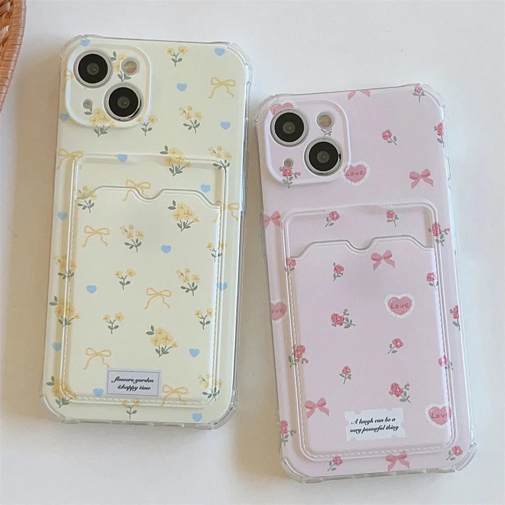 Small broken flower TPU phone case with card holder for iPhone in pink full screen pattern