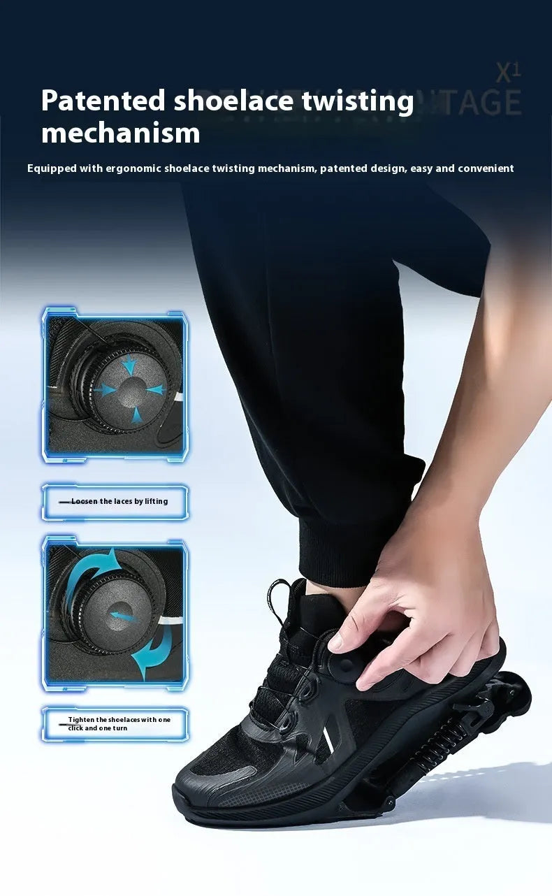 Black running shoes with mesh upper, leather stitching detail, and a buckle closure on the middle top.