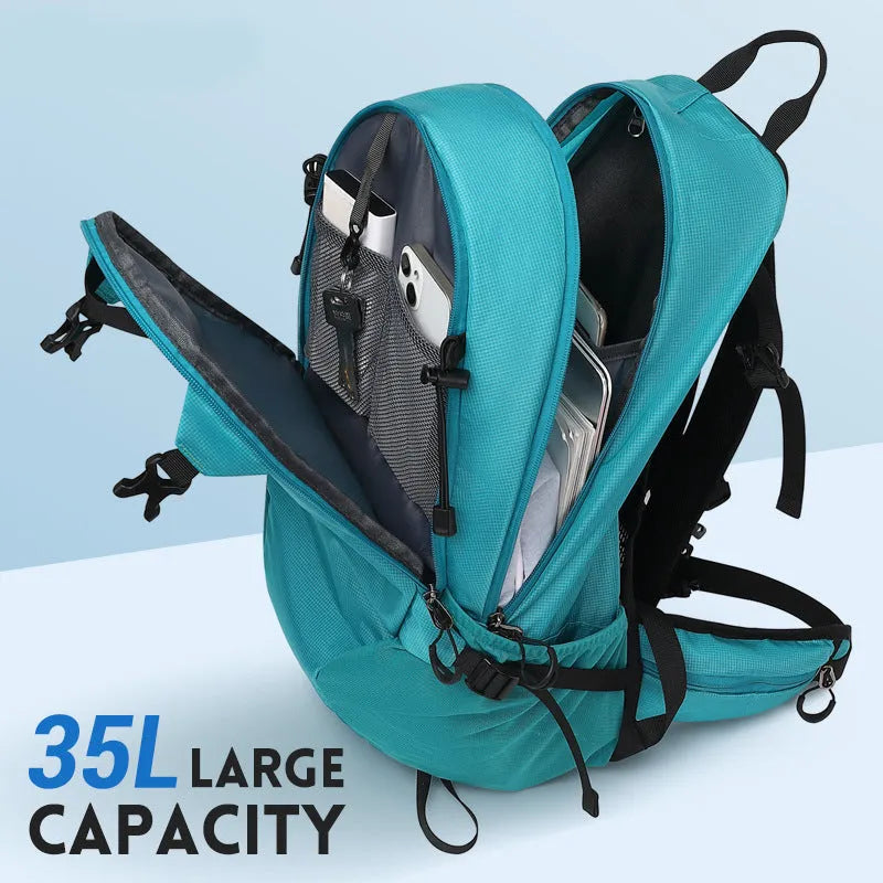 Solid-colour waterproof Oxford hiking backpack with straps and a curved back panel, shown in a choice of colours.