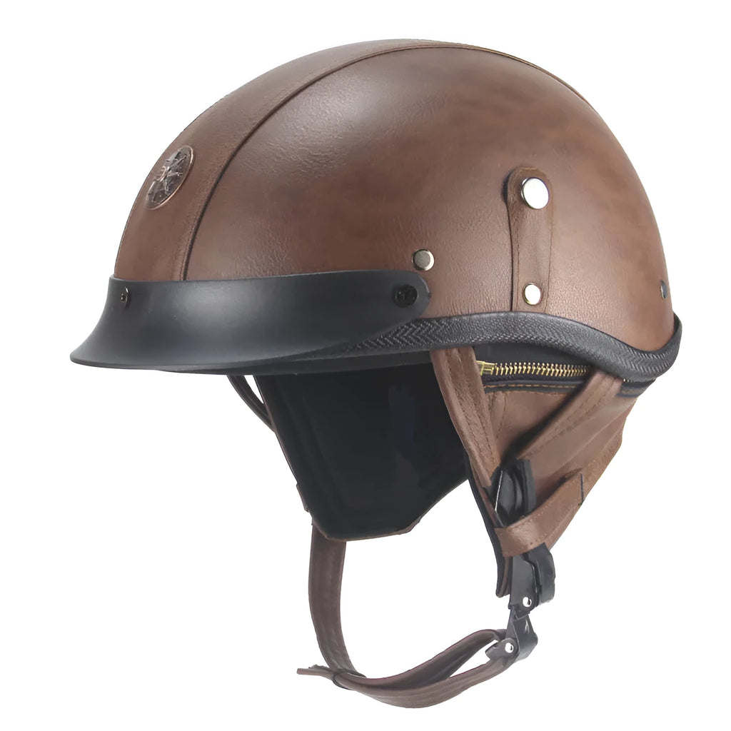 Retro handmade half-pedal motorcycle helmet in black ABS artificial leather for cruiser bikes