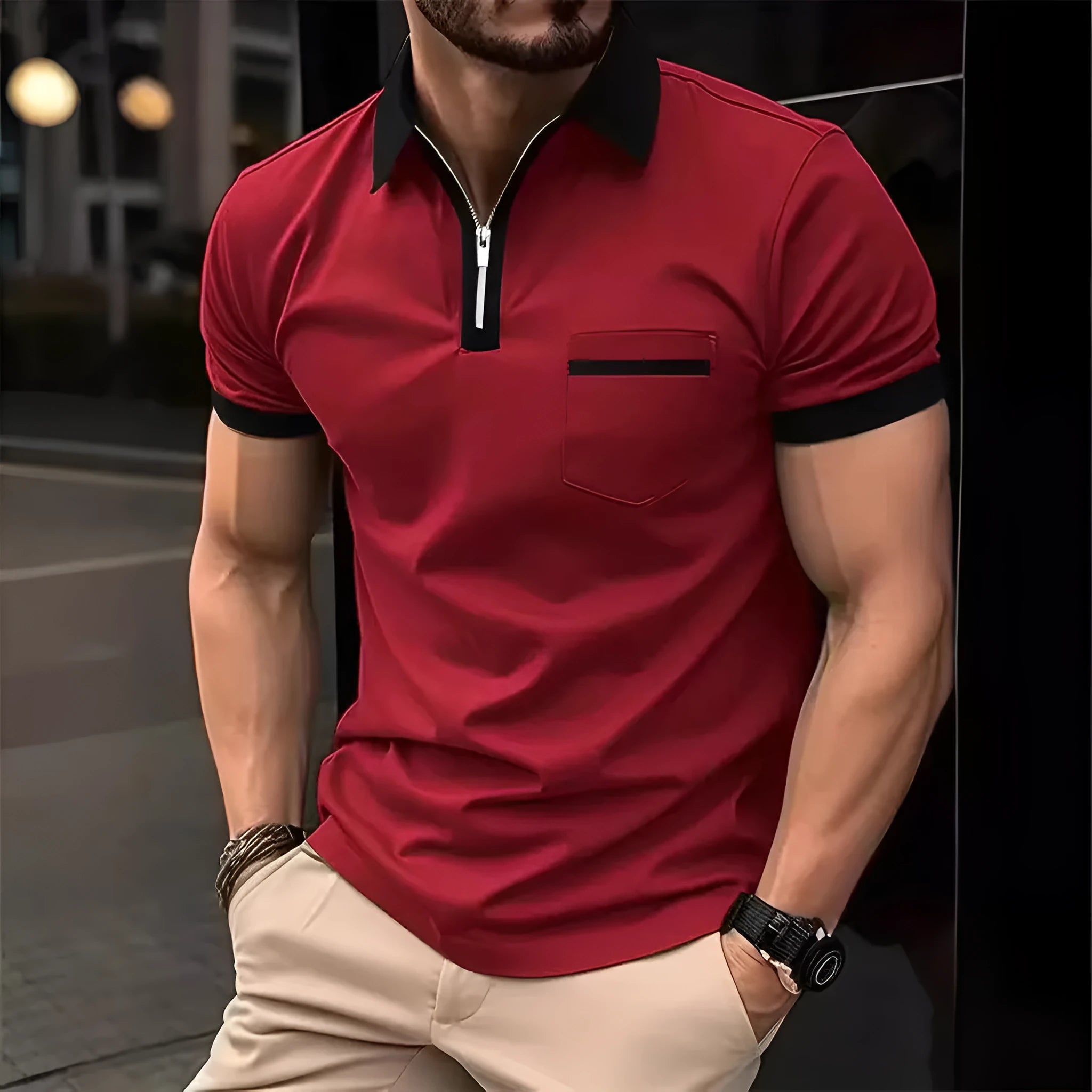 Men's loose fit short sleeve shirt with chest pocket in polyester blend fabric