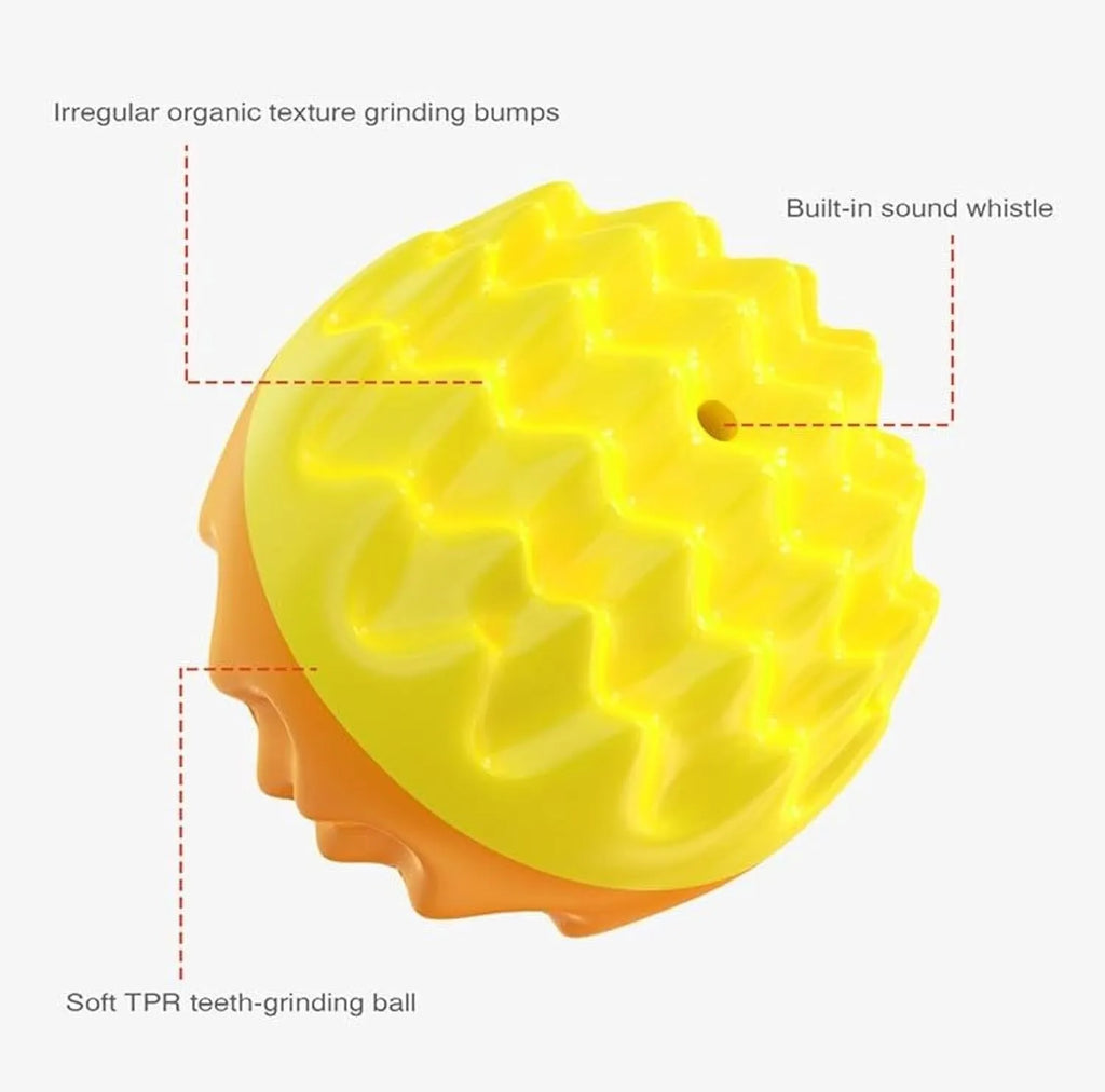 Blue and orange squeaky dog ball with spiky texture for dental cleaning