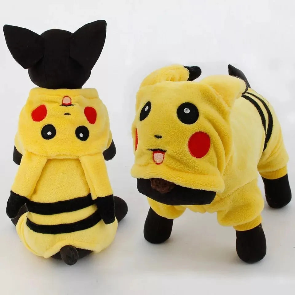 Dog or cat wearing a cartoon-style fleece hooded coat in a cosplay design.