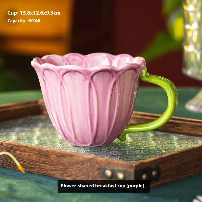 Ceramic breakfast cup with pastoral pattern, showing red and purple colour options.