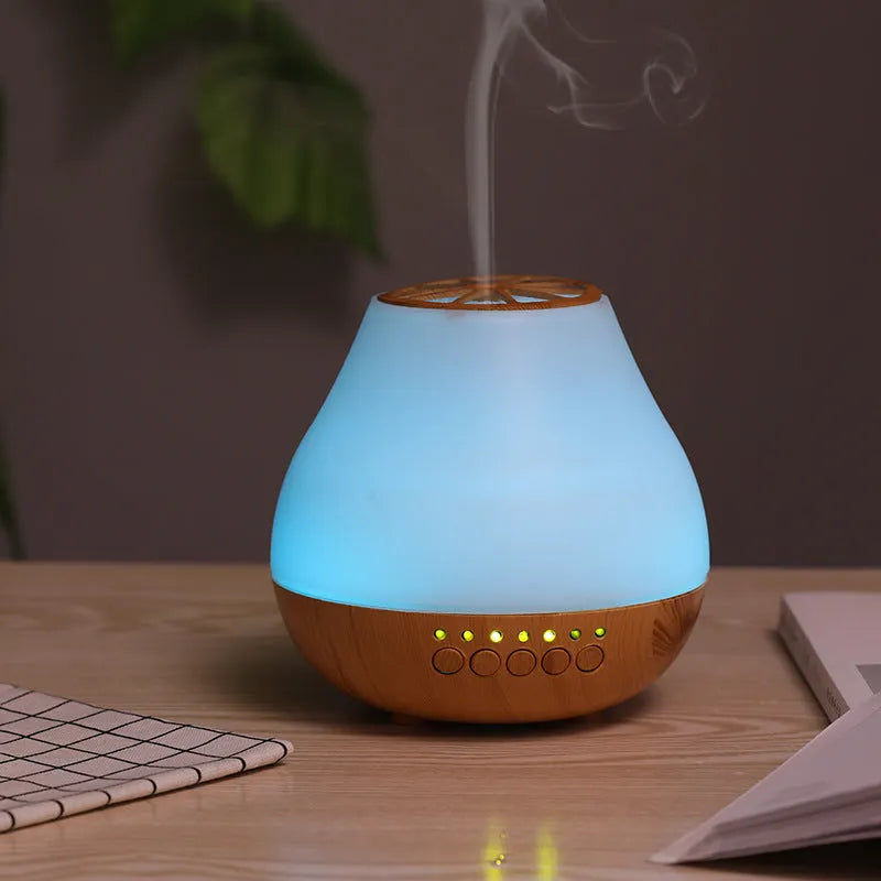 Wood grain finish USB essential oil aroma diffuser with coloured mood lighting
