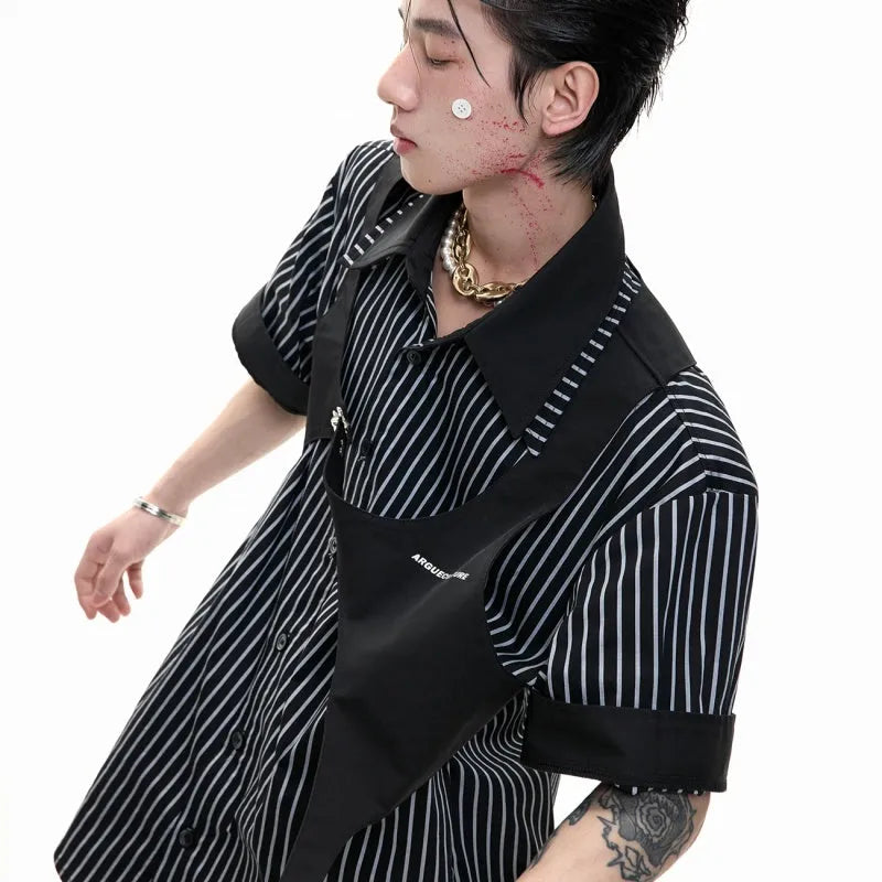 Men's black and white striped cotton shirt with double collar lapel design and short sleeves