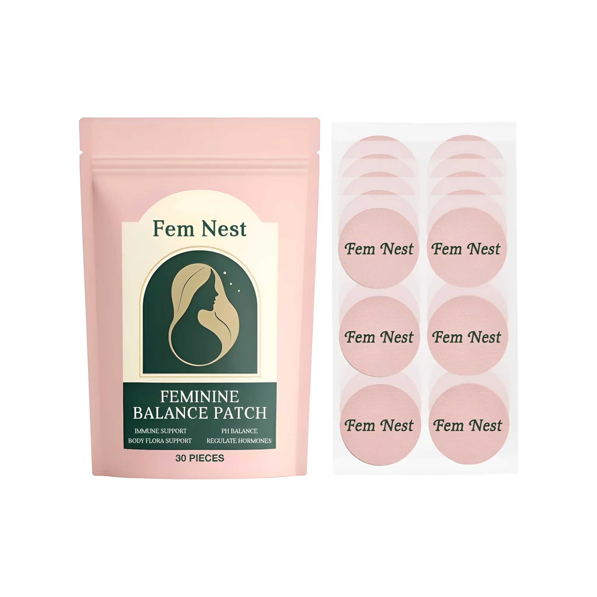Feminine Balance Patch 30-piece pack in foil packaging with botanical ingredients list