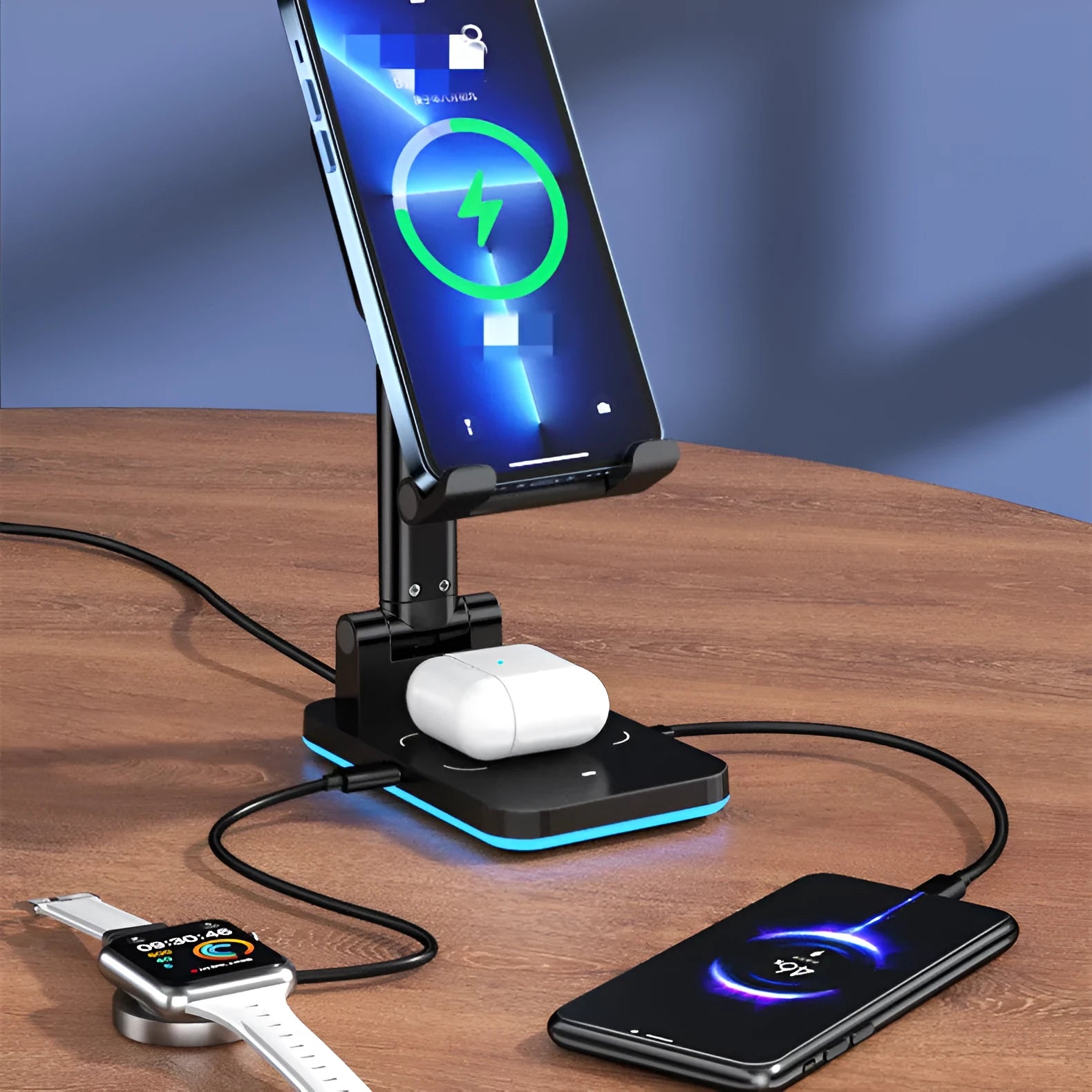 Black and white desktop wireless charging phone holder stand on a desk