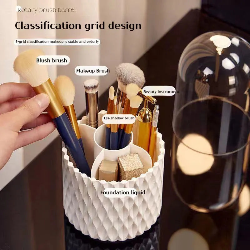 White rotating acrylic makeup brush storage box with transparent dust cover on desktop