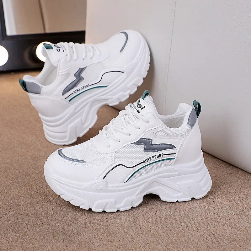 Women's white beige dad shoes with lace-up front, cross shoulder straps, and a breathable mesh upper.