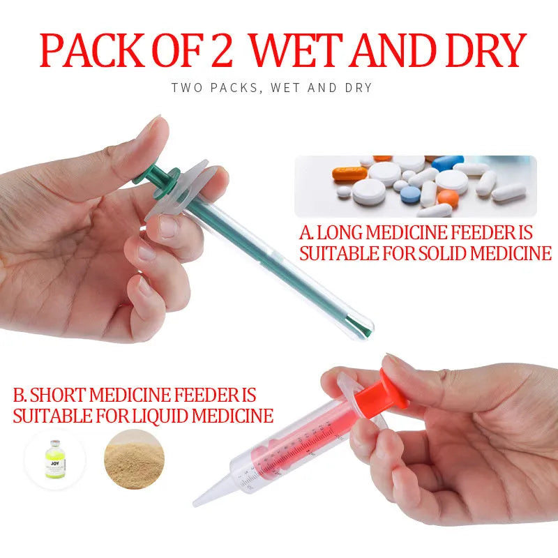 Two pet pill shooters with soft silicone tips for administering cat and dog medicine.