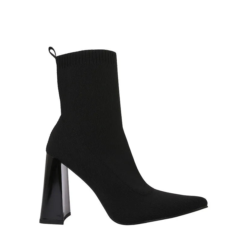 Women's retro chunky heel ankle boots in black with elastic fabric upper and pointed toe