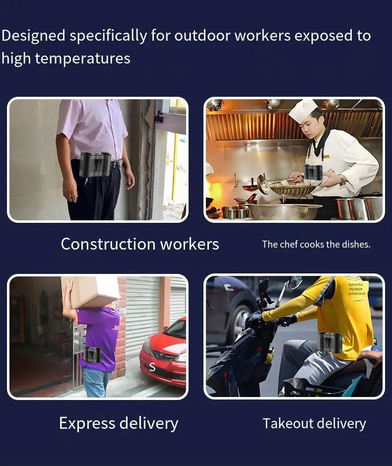 Grey 2025 model waist-hung portable fan with a lanyard, shown for outdoor and construction site use.