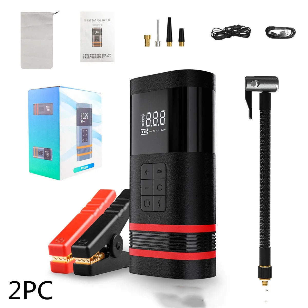 Black vehicle jump starter unit with cables showing 100W power output and USB charging capability