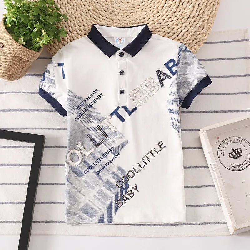 Boys short sleeve cotton t-shirt with lapel collar in solid colour options.