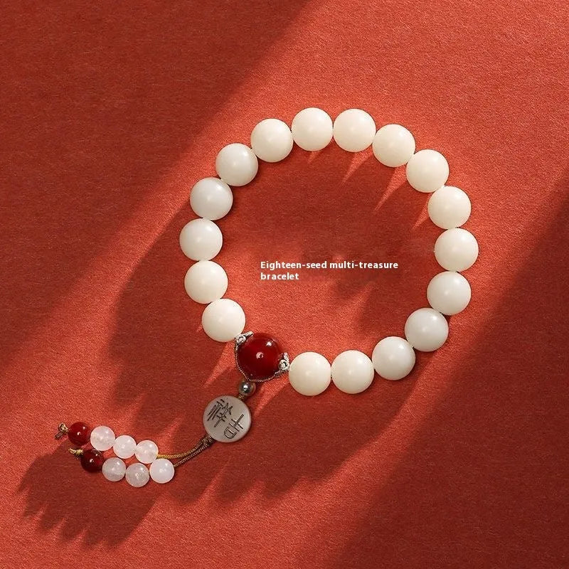 Handcrafted white jade Bodhi couple bracelet with 10mm beads and Ruyi element