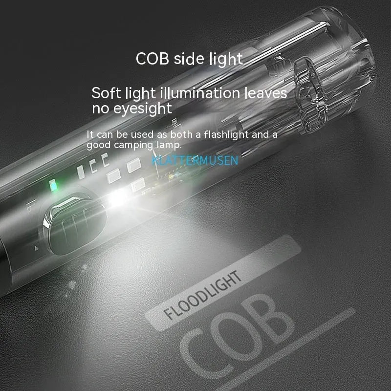 Black plastic USB rechargeable LED torch with built-in battery and charging cable