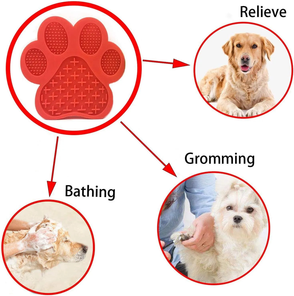 Blue silicone dog licking mat with bone texture and suction cups on back, for use with peanut butter during pet bathing.