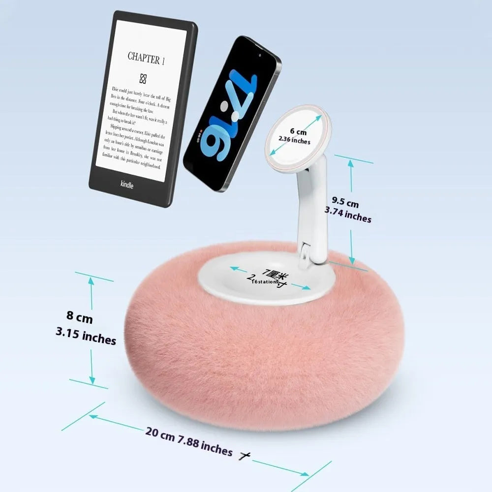 Magnetic mobile phone pillow bracket stand in pink, creamy-white, and khaki green on a bedside table