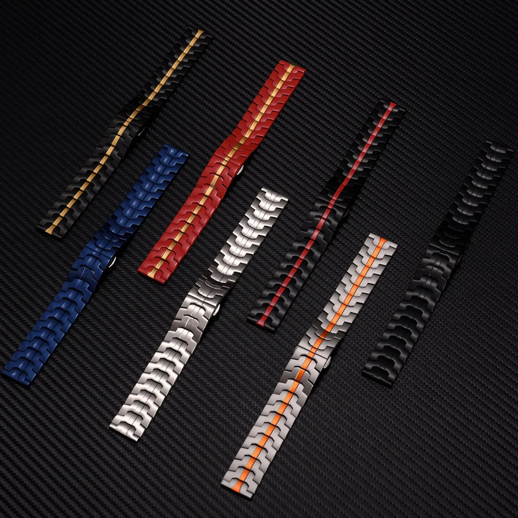 Stainless steel replacement watch strap for Samsung Galaxy Watch 7, 6, and 5 models.