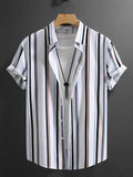 Men's striped casual shirt with stand collar and short sleeves in loose fit cardigan style