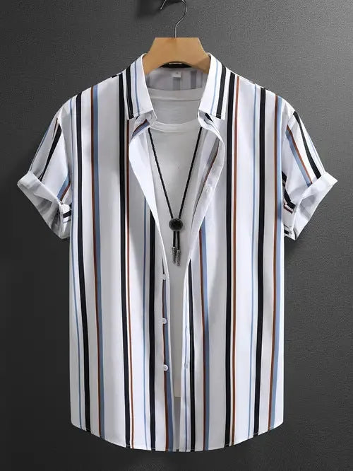 Men's striped casual shirt with stand collar and short sleeves in loose fit cardigan style