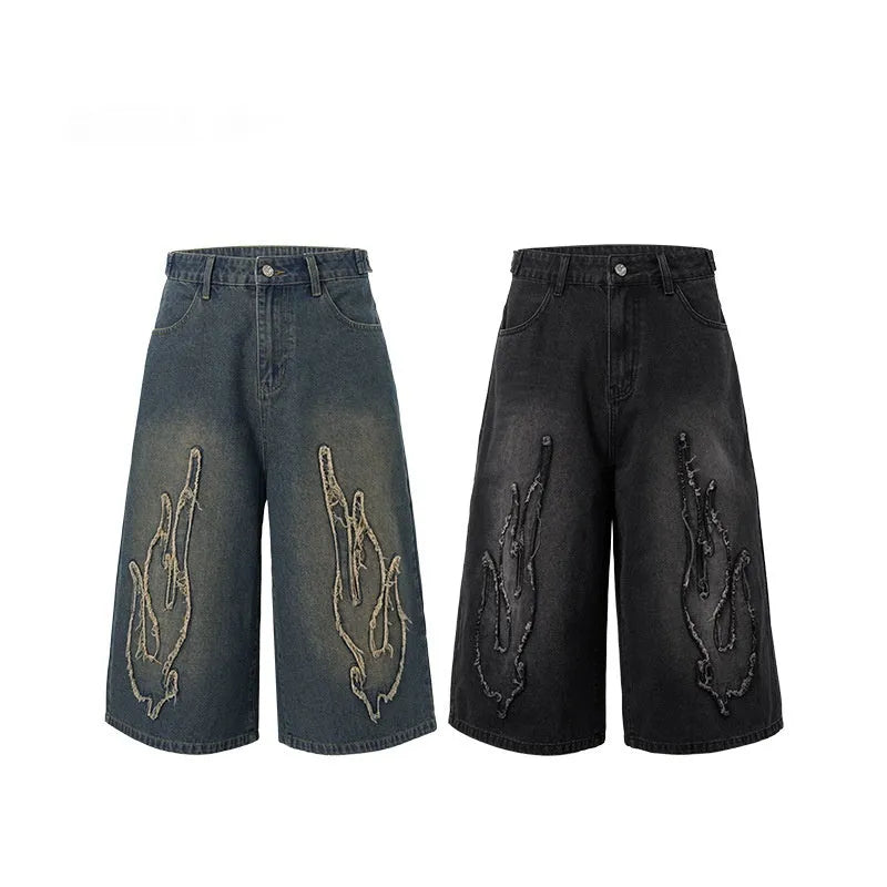 Men's cropped denim shorts with flame embroidery patch in straight-cut summer streetwear design