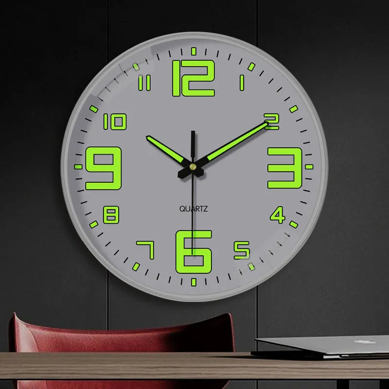 8 inch diameter modern luminous wall clock with plastic shell in colour options YG010, YG011, YG012.