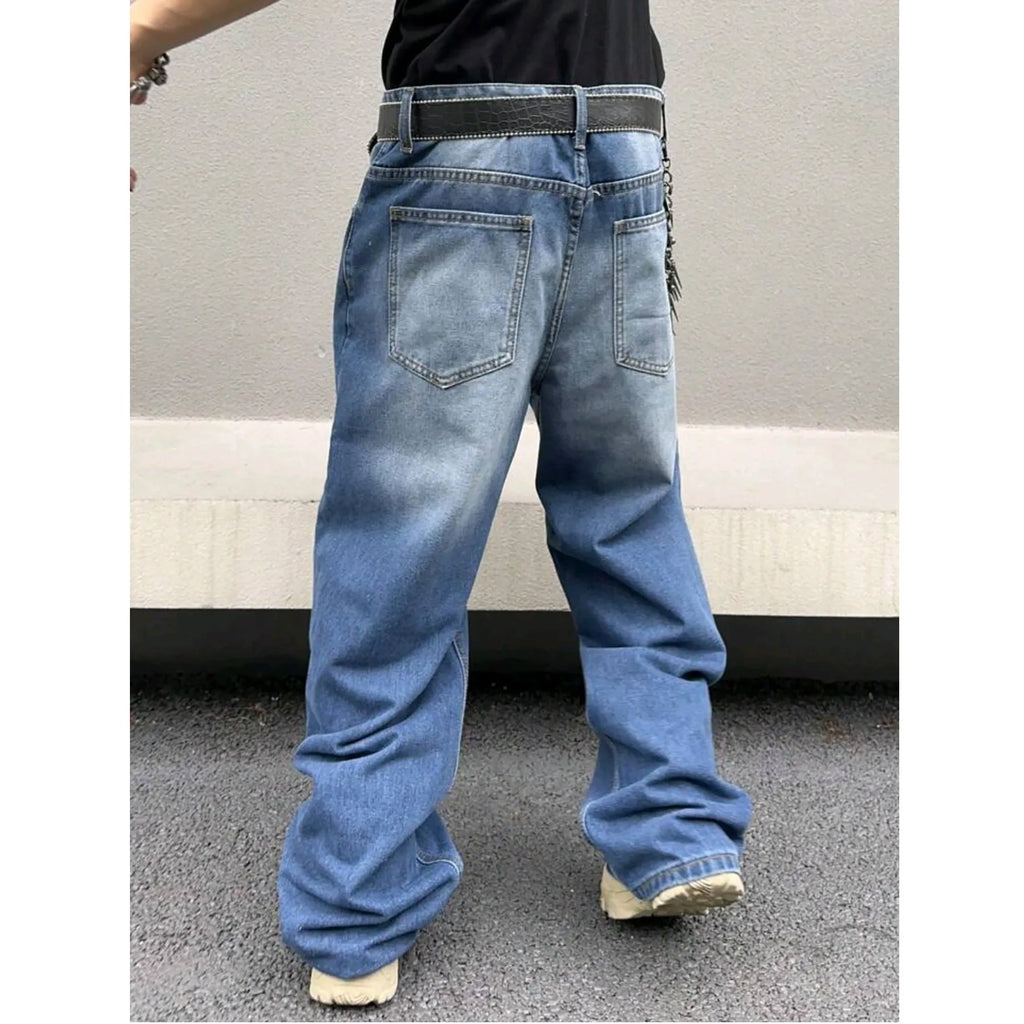 Men's sky blue straight loose jeans in cotton denim with zip fly, front view
