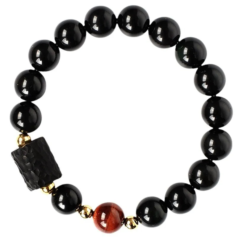 Obsidian bracelet with 10mm red tiger eye beads, unisex retro design featuring circle elements