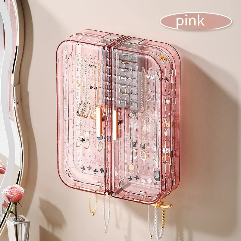 Wall-mounted jewelry storage box in transparent gray with more than 8 layers and dustproof lid