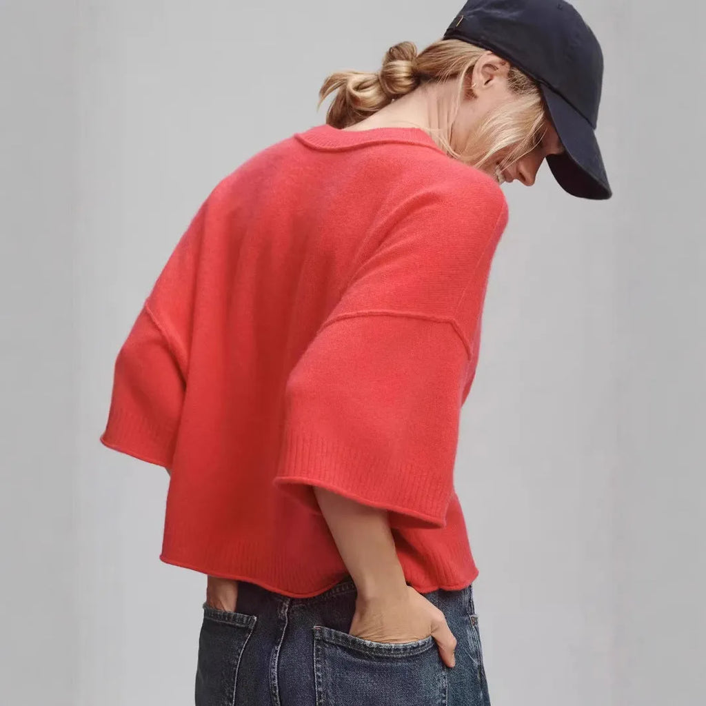 Red short viscose T-shirt with regular sleeves and an exposed navel design on a mannequin.