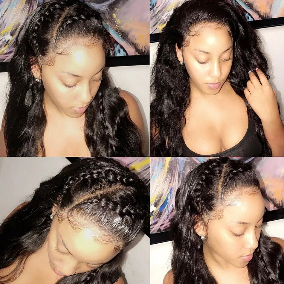 Lace front human hair wig in black, shown in a 16 inch length with natural hairline