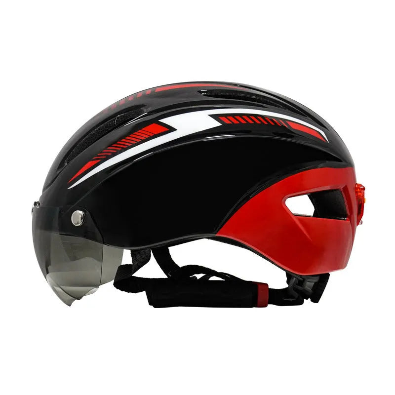 Adult bicycle helmet in Black Blue White colour scheme with adjustable straps and free size fit.