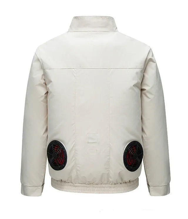 Men's black cooling jacket with four fan holes on the back for outdoor summer work.