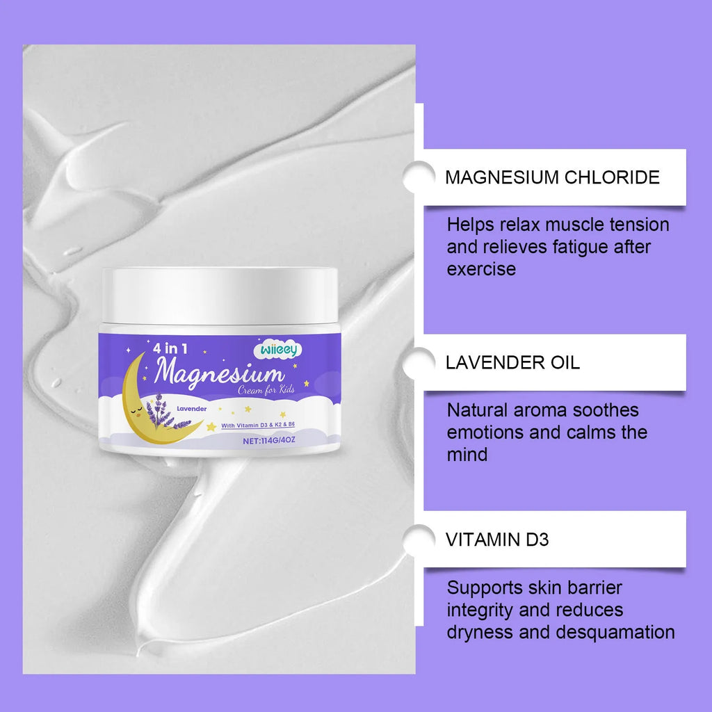 114g jar of four-ingredient magnesium cream for children with vitamins D3, K2 and B6