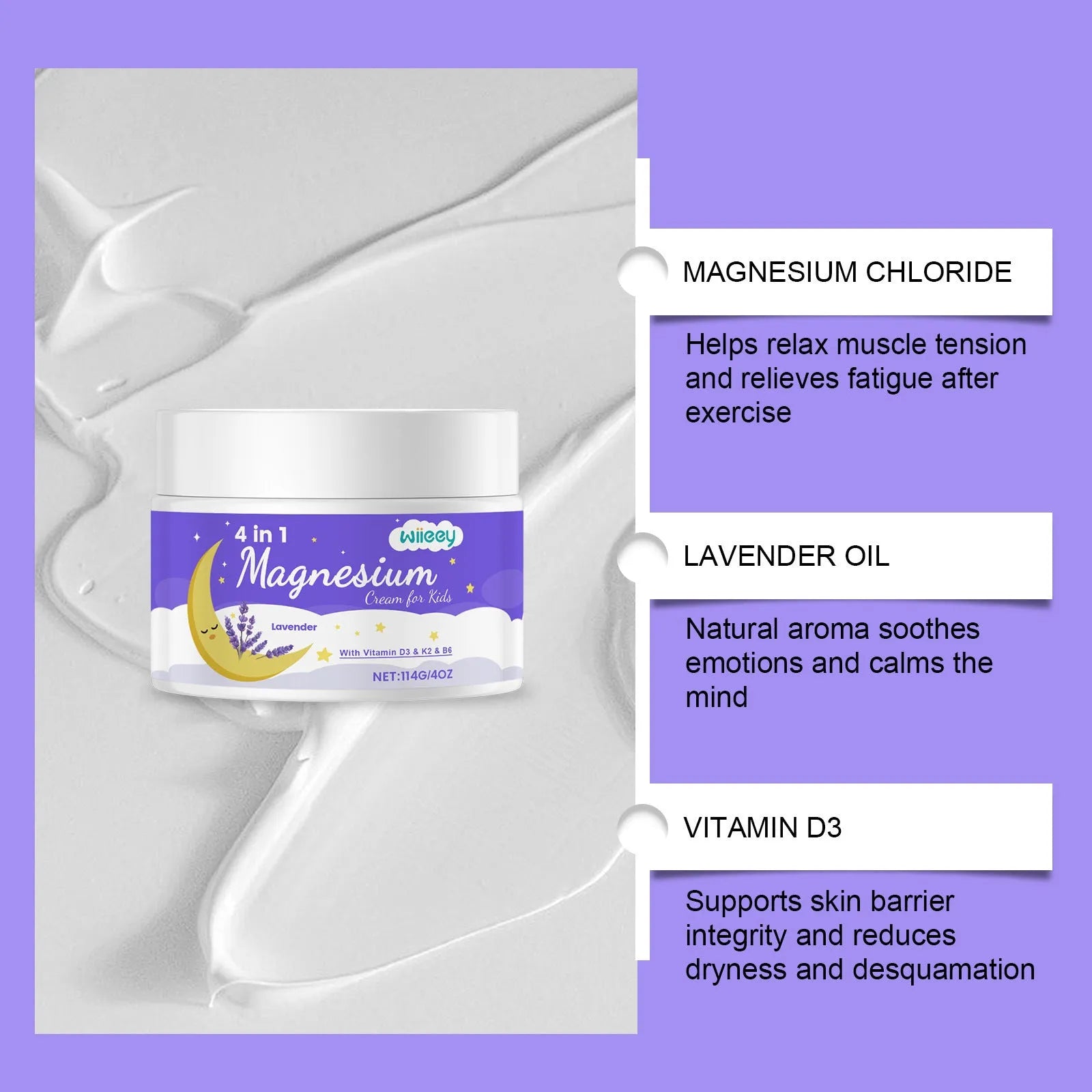 114g jar of four-ingredient magnesium cream for children with vitamins D3, K2 and B6