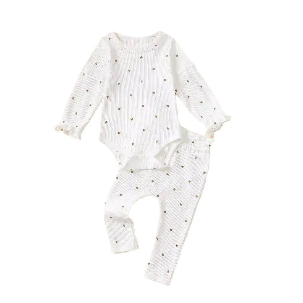 White cotton sunken stripe stitching baby suit set with top, long pants, and hair tie for 0-18 months