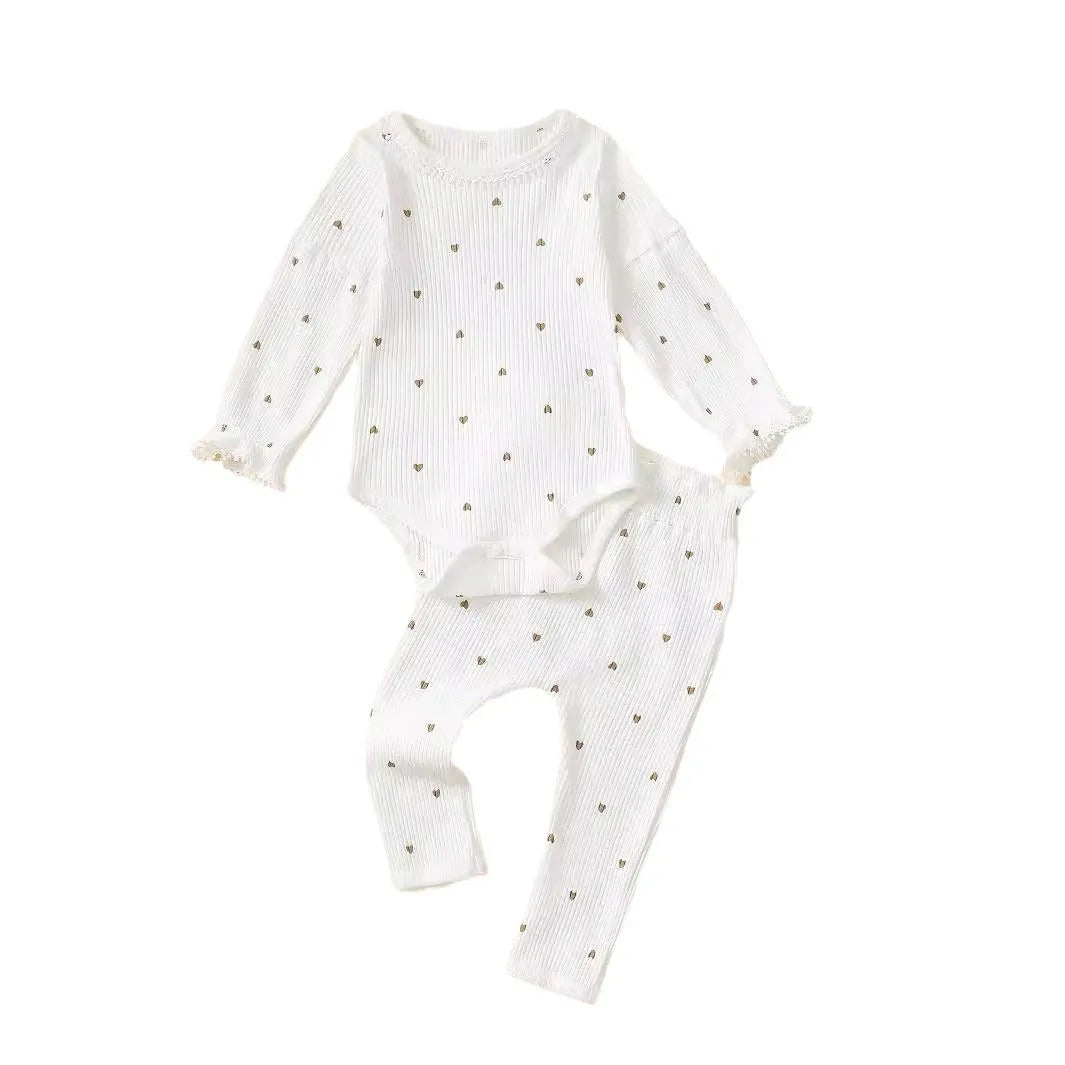 White cotton sunken stripe stitching baby suit set with top, long pants, and hair tie for 0-18 months