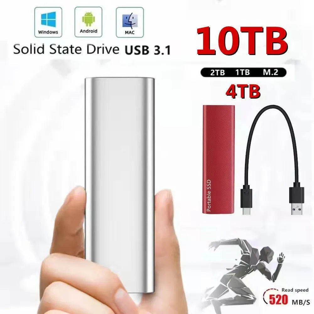 Ultra-thin metal mobile SSD expansion hard drive in red, black, blue, and silver colour options.