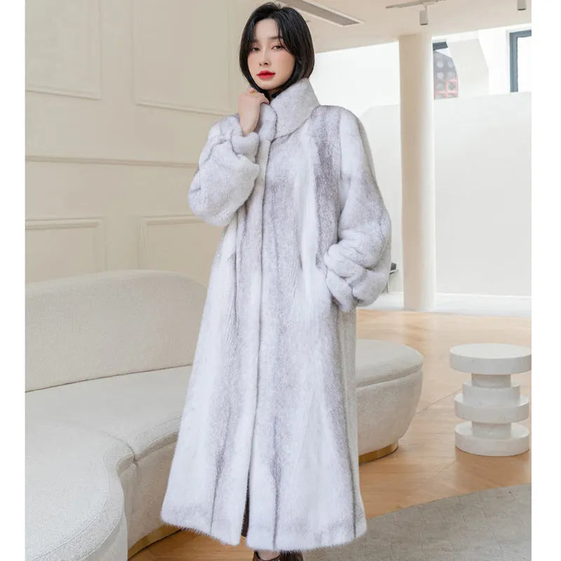 White women's artificial fur coat with stand-up collar, regular sleeves and 80cm length