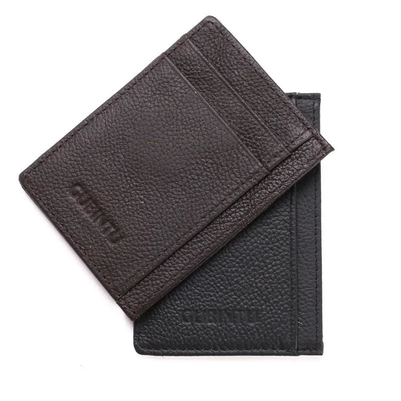 Men's creative genuine leather card holder in dark brown solid colour, slim profile with card slots, 7.8cm by 10.7cm