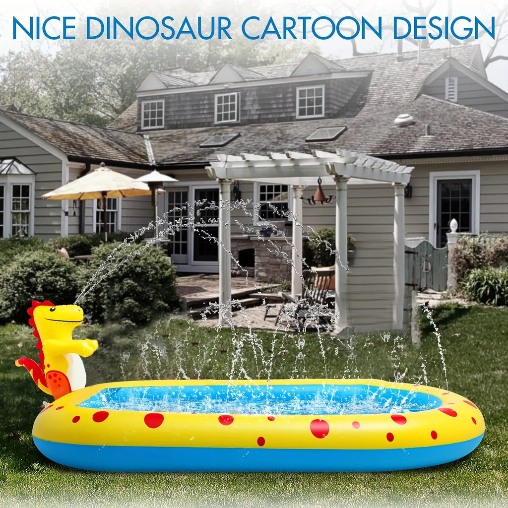 Blue dinosaur-shaped inflatable water spray pool with four spray holes in a garden setting
