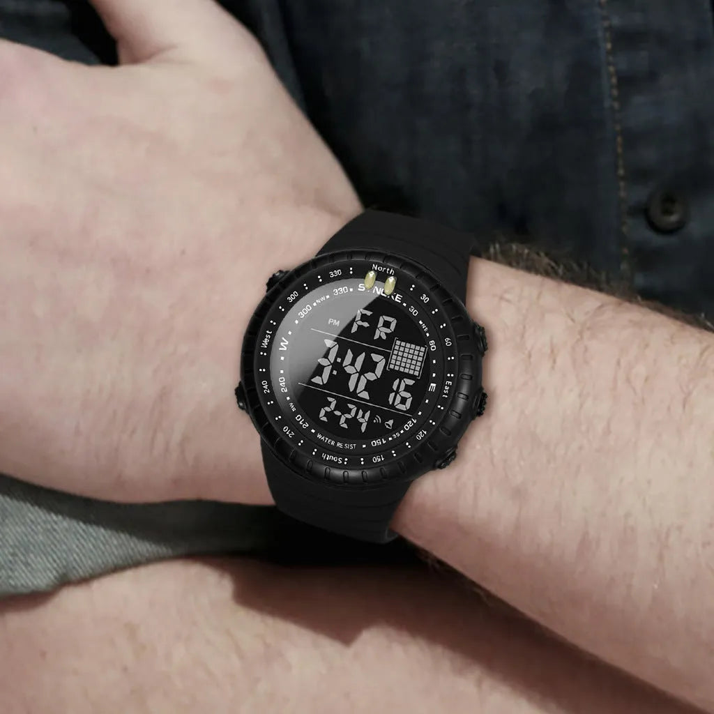 Men's black digital outdoor watch with large dial and WR50M waterproof rating