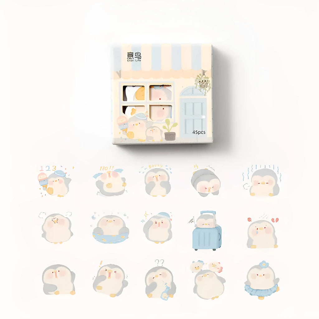 Pack of penguin-themed childish paper account stickers with widths from 20 to 50 millimetres.