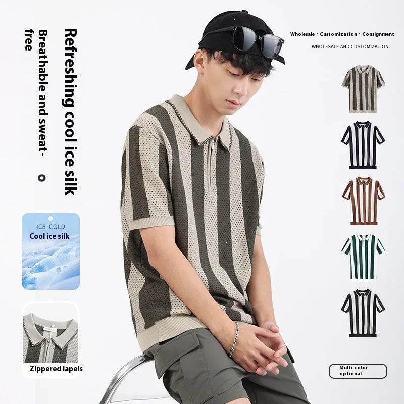 Men's black and white striped short sleeve viscose sweater with zip details on the front.