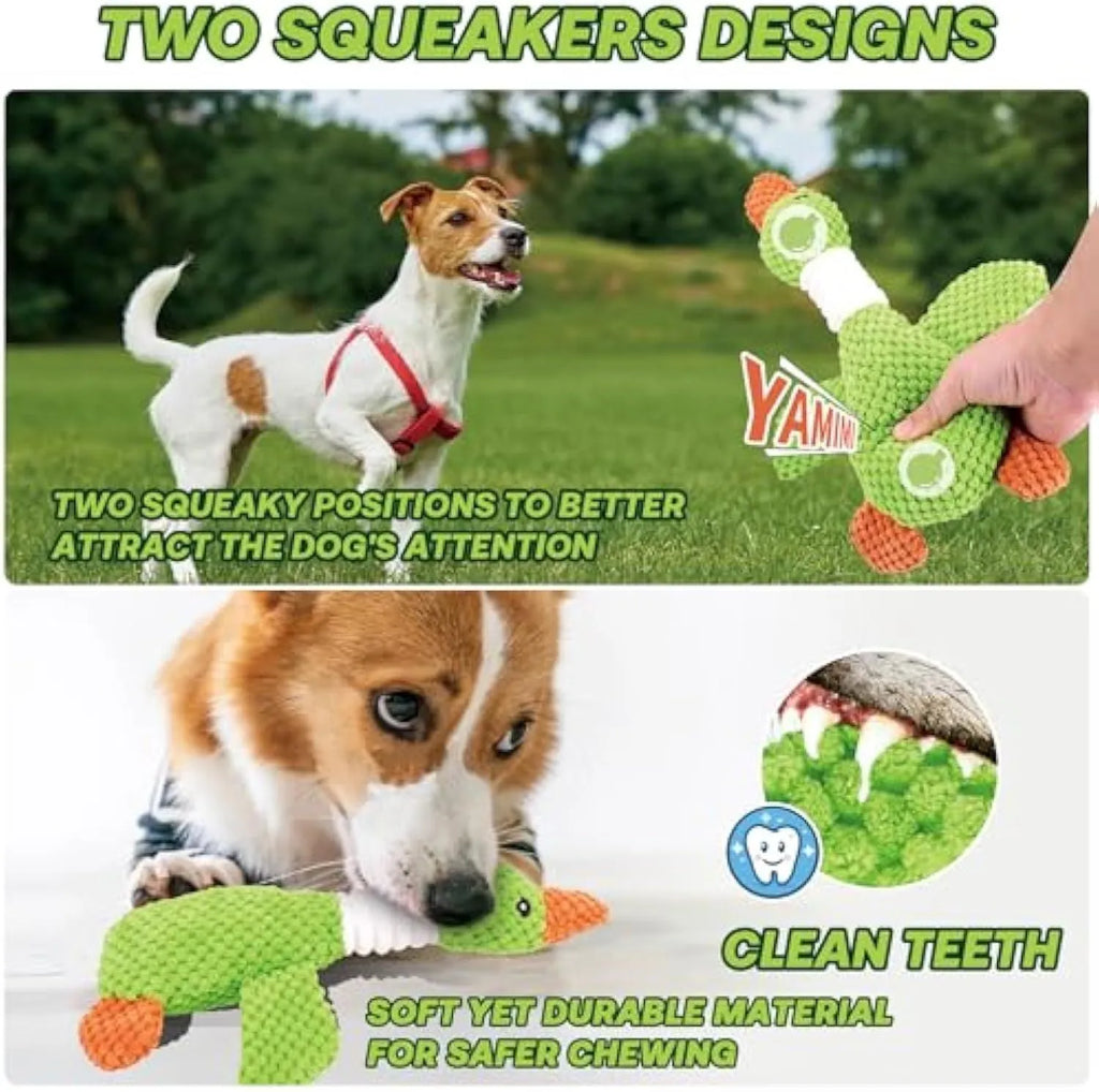 Blue duck-shaped plush dog toy with squeakers for chewing and interactive play