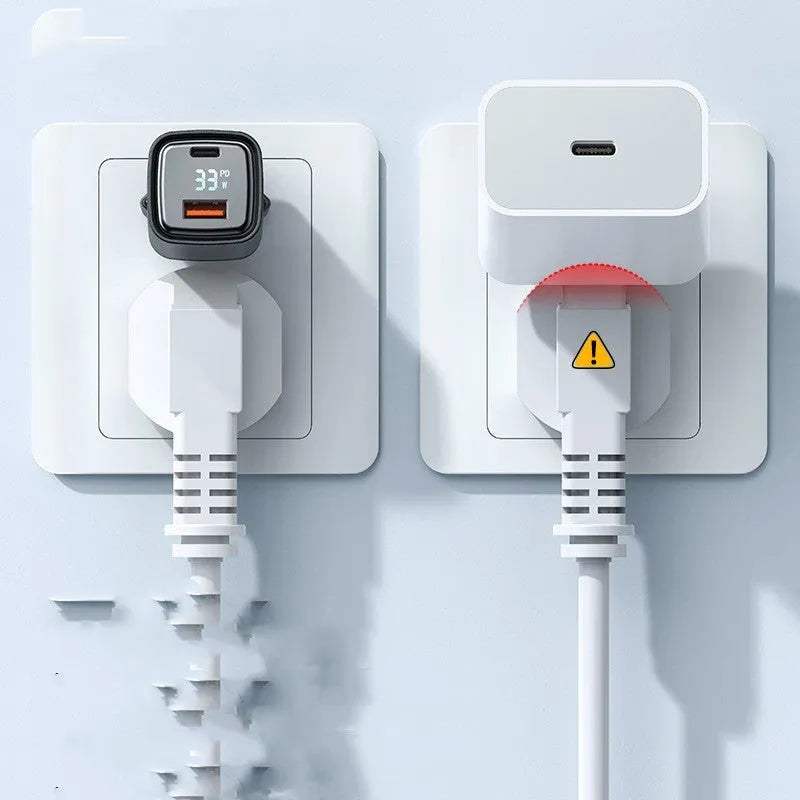 Dual-port digital display fast charging charger in black with USB-A and USB-C ports, 81x33x28mm